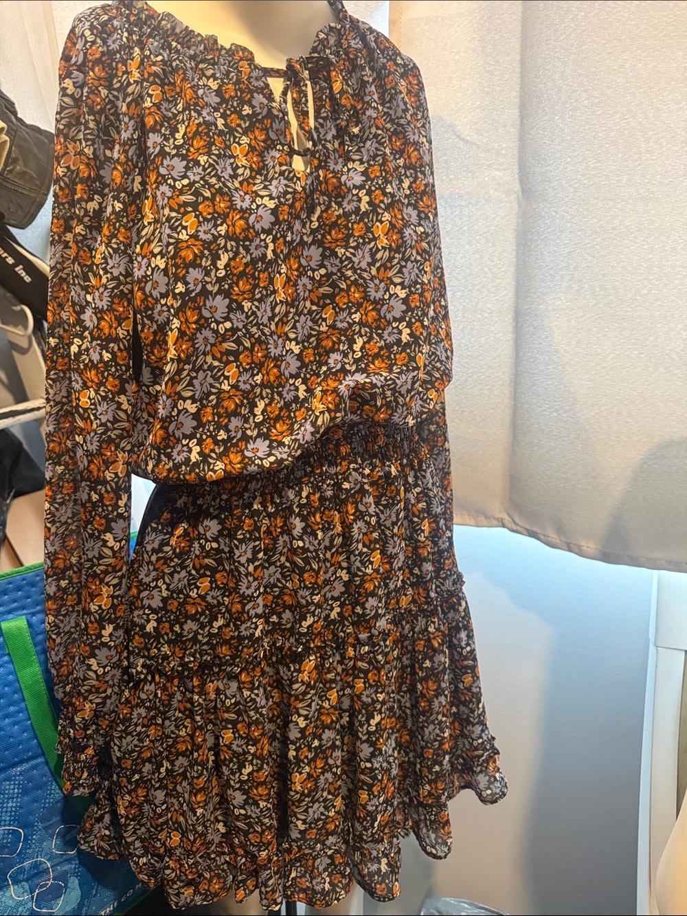 Japna Black Floral Long-Sleeve Tiered Dress with Orange and White Flowers